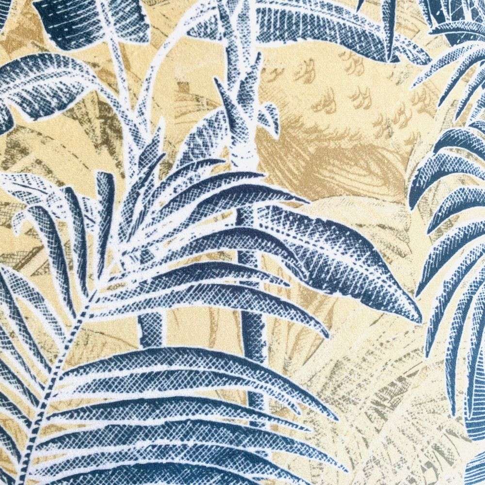 Pattern of blue palm leaves on a beige background