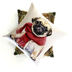 Pillow with a pug dog wearing a red scarf on a white background