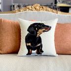 Decorative pillow with a dachshund design on a sofa