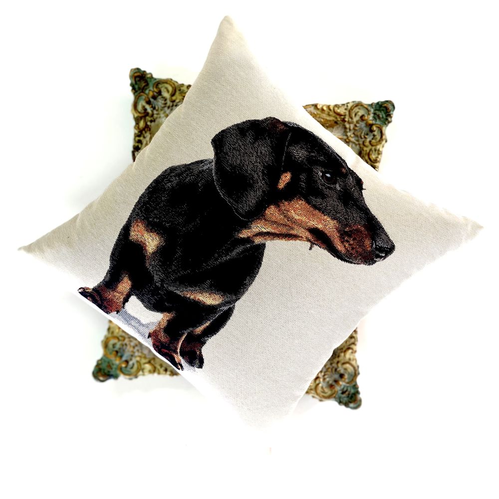 Decorative pillow with a dachshund design on a white background