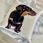 Decorative pillow with a dachshund design on a soft fabric background
