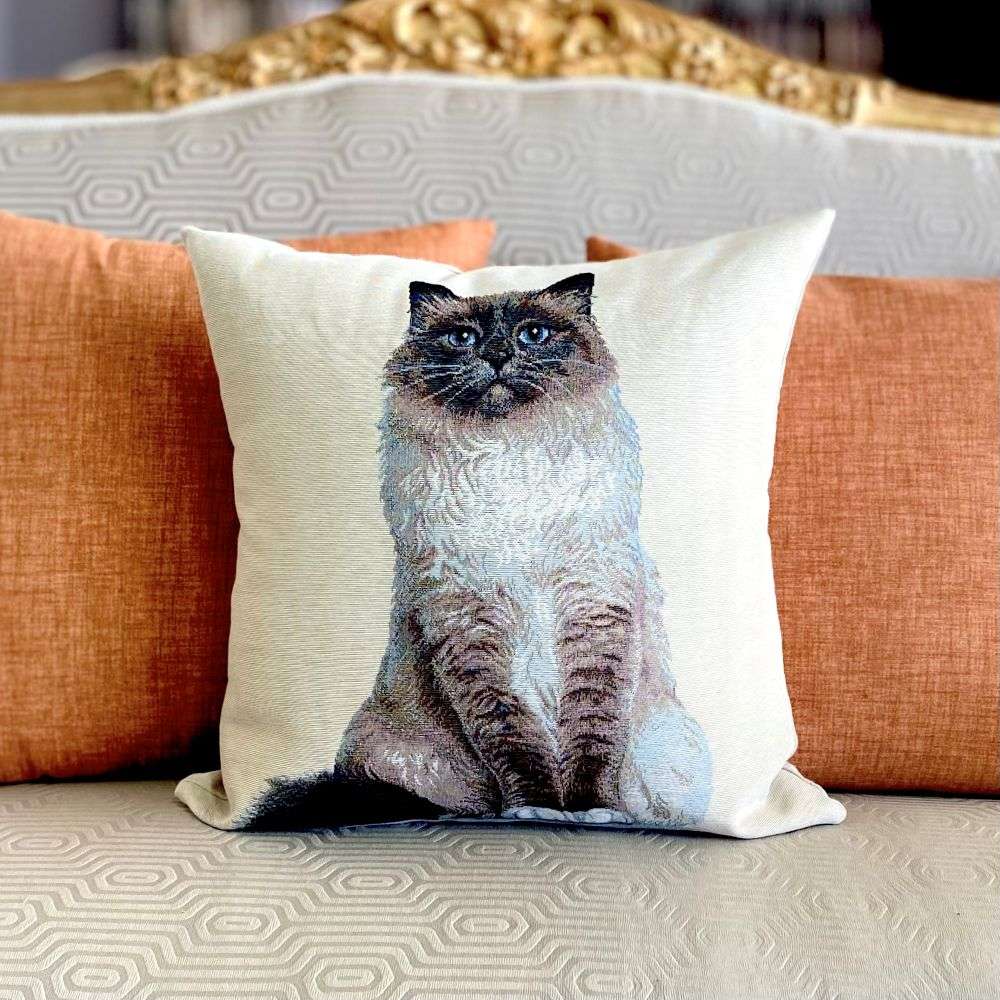 Decorative pillow with a cat design on an orange couch.