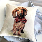 Pillow with a dachshund wearing a red bow tie on a white background