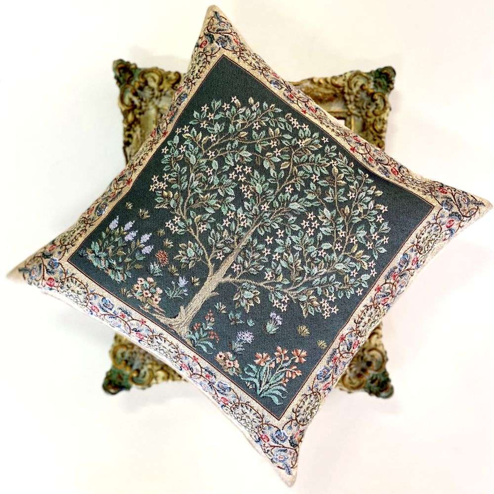 Decorative pillow with tree design on a white background