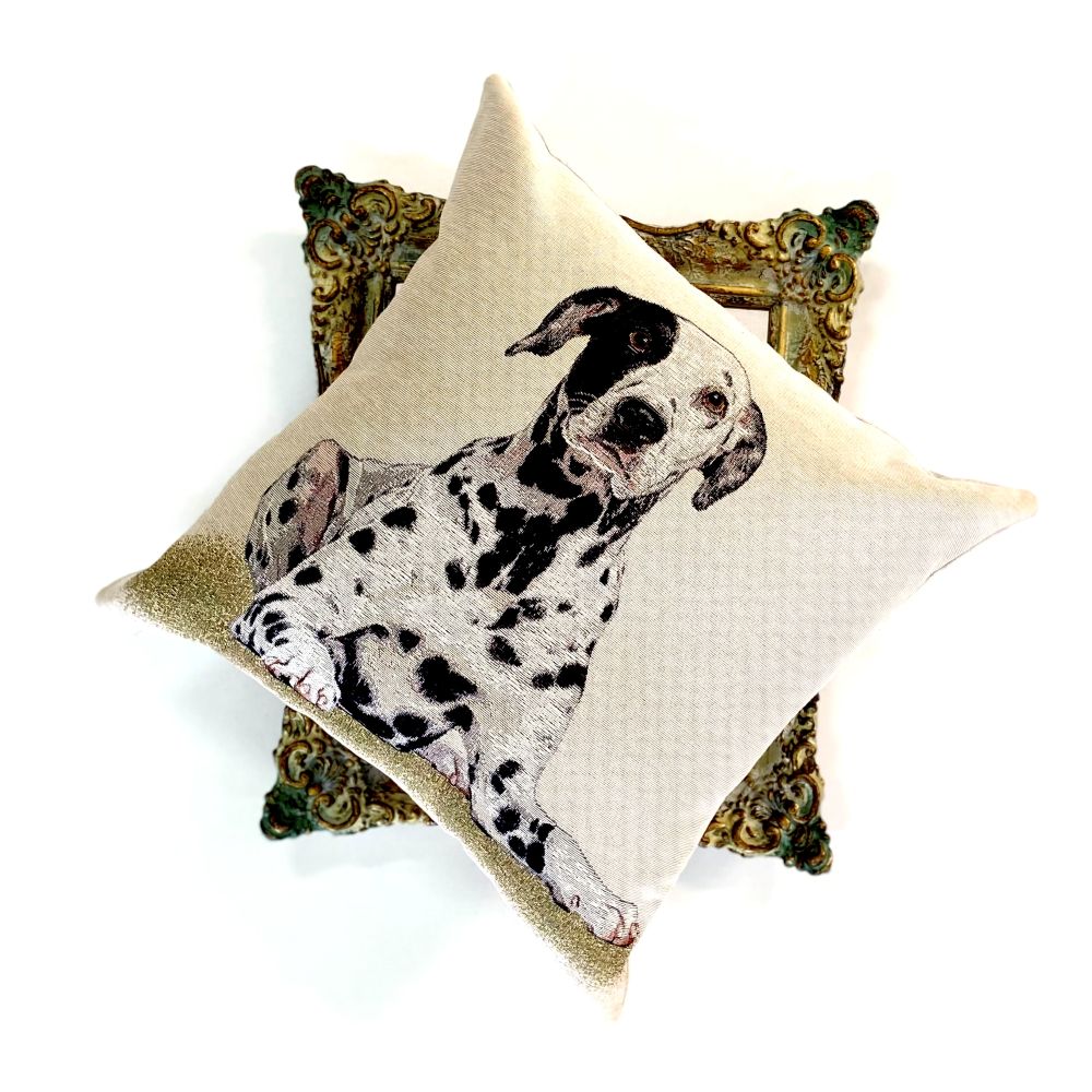 Decorative pillow with a Dalmatian dog design on a white background