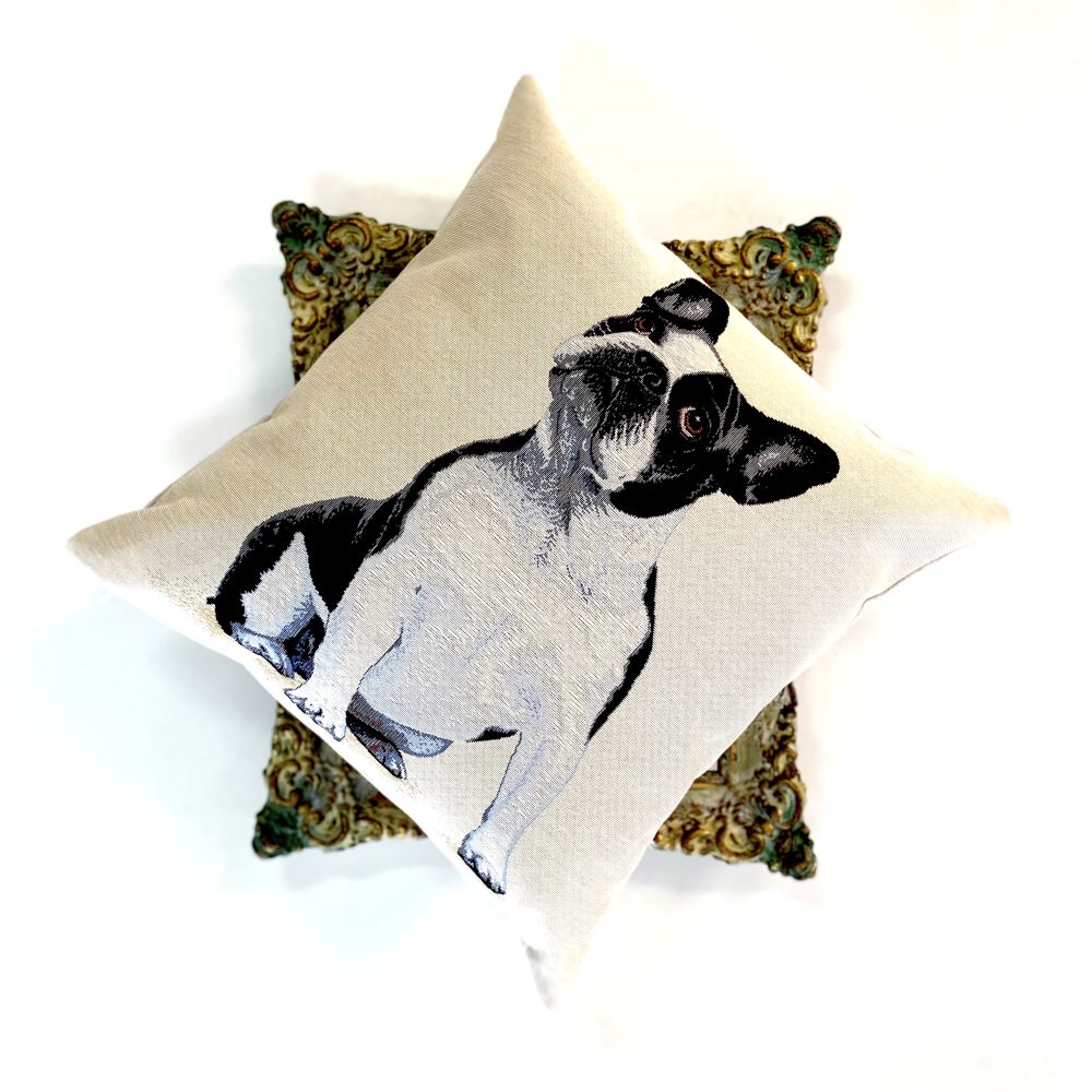 Decorative pillow with a dog design on a white background