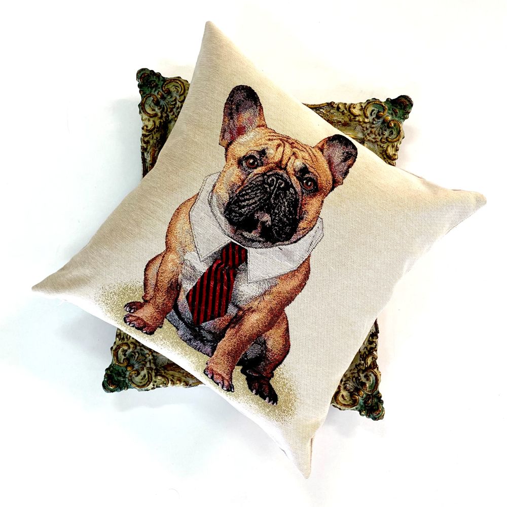 Decorative pillow with a dog illustration on a white background