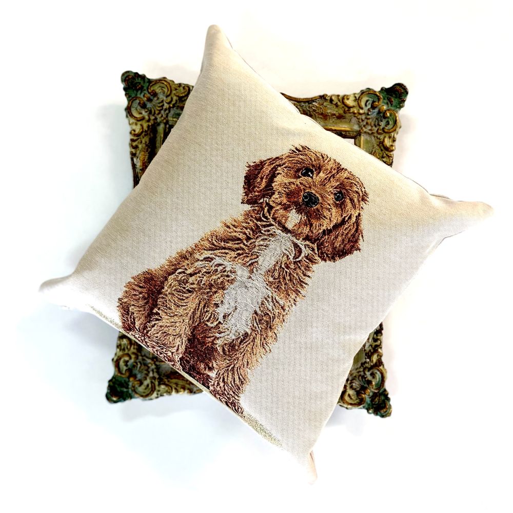 Decorative pillow with a dog print on a white background