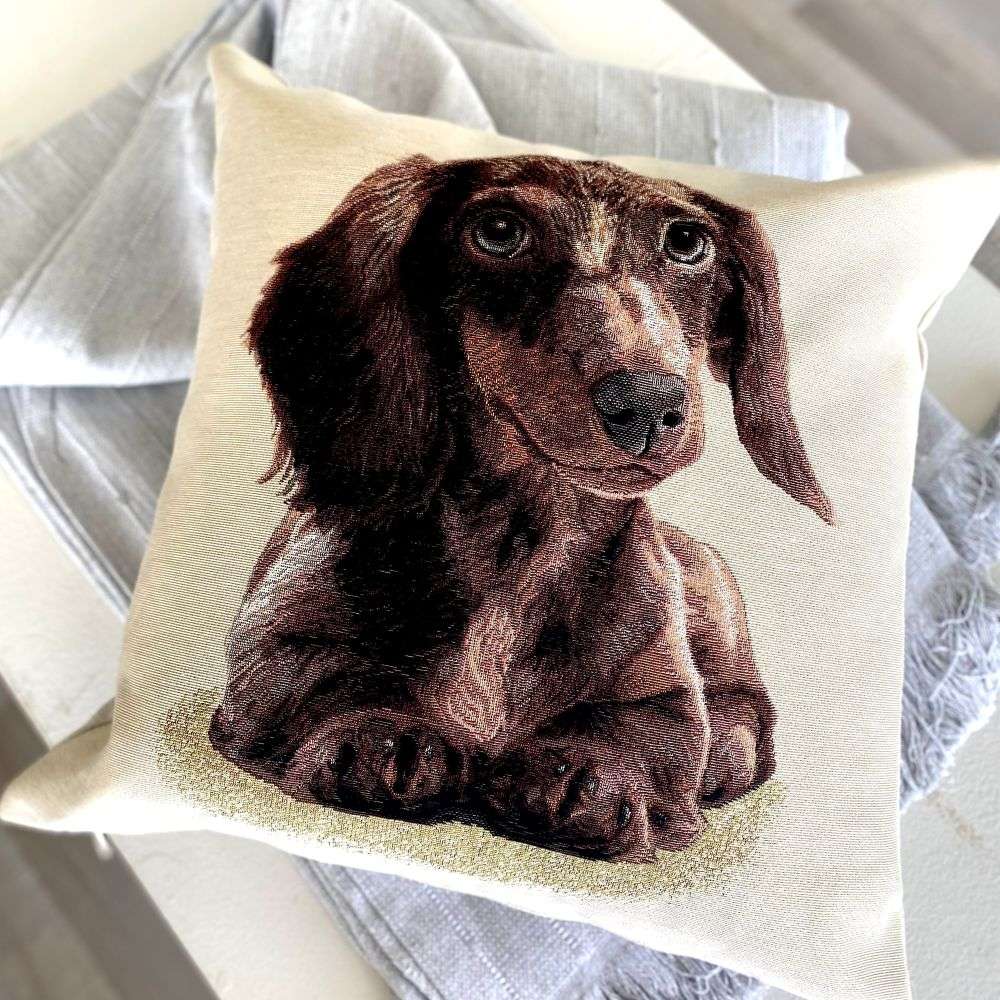 Pillow with a brown dog illustration on a light background