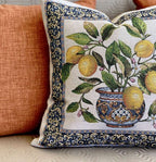 Decorative pillow with lemon and vase design on a neutral background