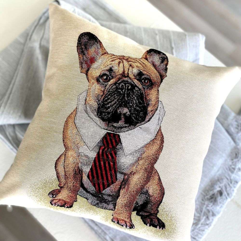 Pillow with a dog wearing a tie design on a neutral background