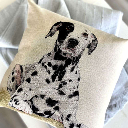 Pillow with a Dalmatian dog illustration on a neutral background