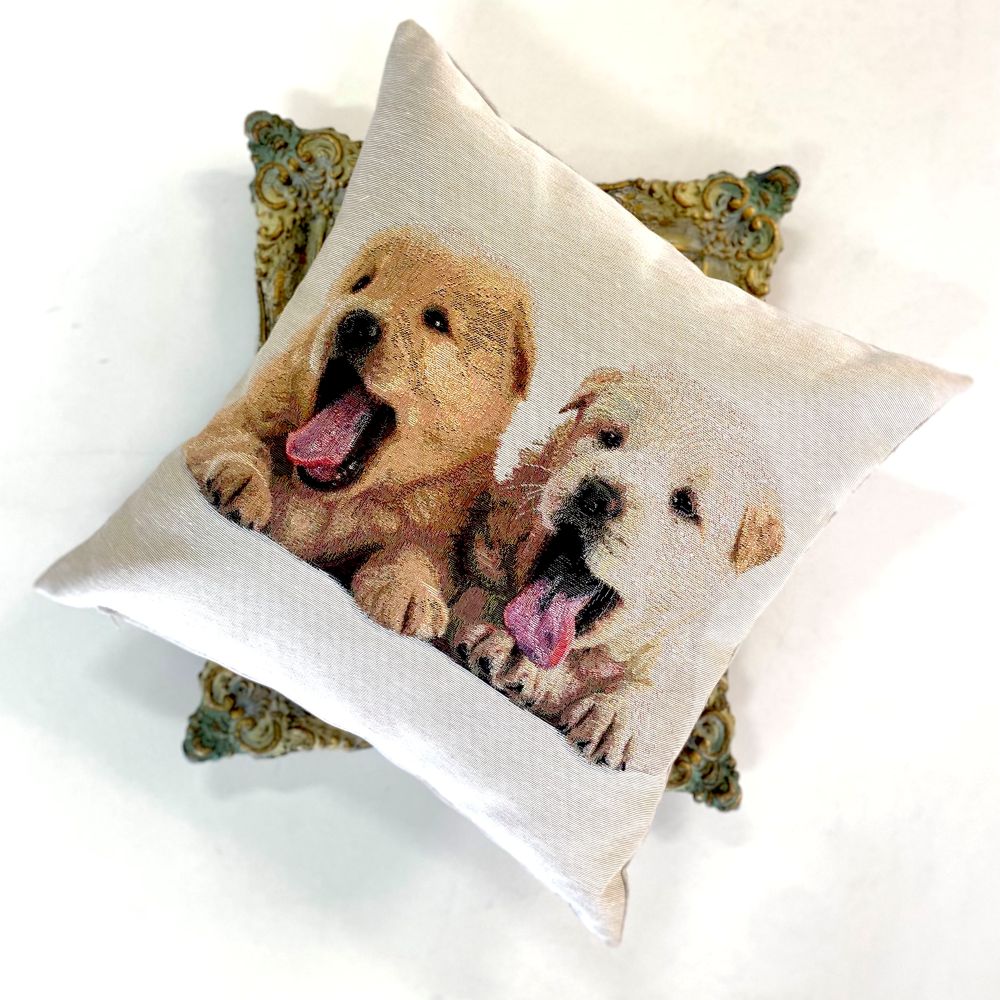 Decorative pillow with two puppies on a white background
