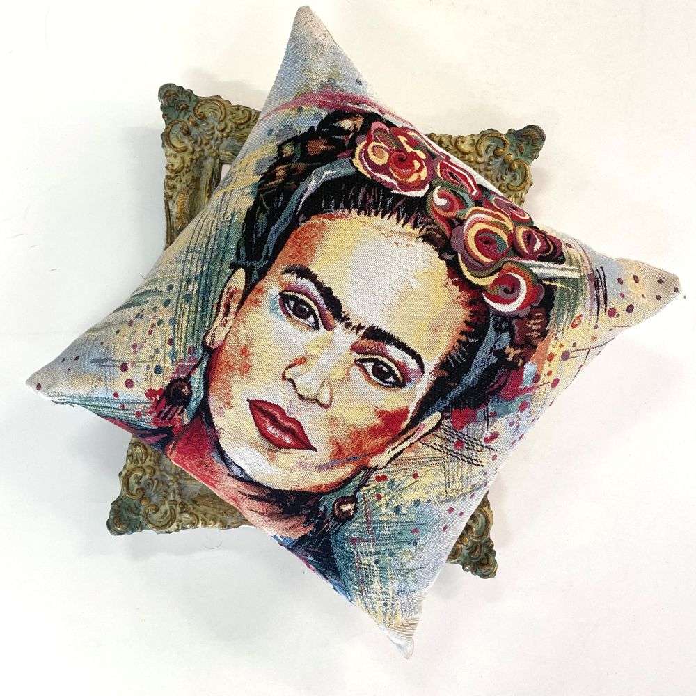 Decorative pillow with a portrait design on a white background