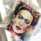 Decorative pillow with a stylized portrait design on a white background