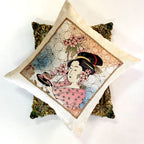 Decorative pillow with a geisha design on a white background