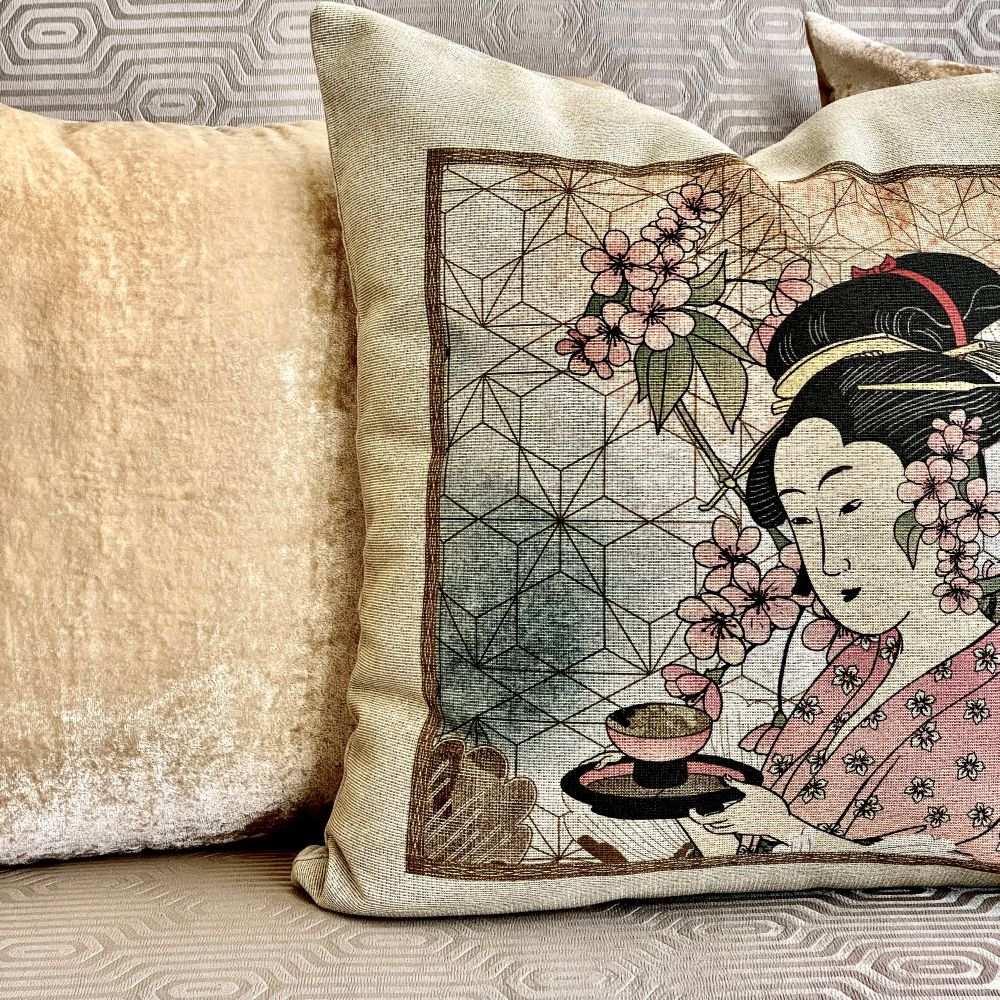 Decorative pillow with a geisha design on a textured surface