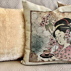 Decorative pillow with a geisha design on a textured surface
