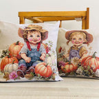 Two pillows with vintage-style illustrations of children and pumpkins on a wooden chair.
