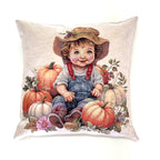 Decorative pillow with a vintage-style illustration of a child in overalls and hat surrounded by pumpkins.