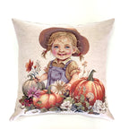 Decorative pillow with a child holding pumpkins and flowers on a beige background