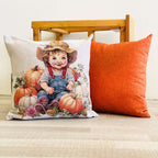 Decorative pillow with a child and pumpkins design on a wooden chair.